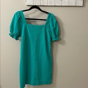 Draper James Teal Square-Neck Puff-Sleeve Dress, Linen